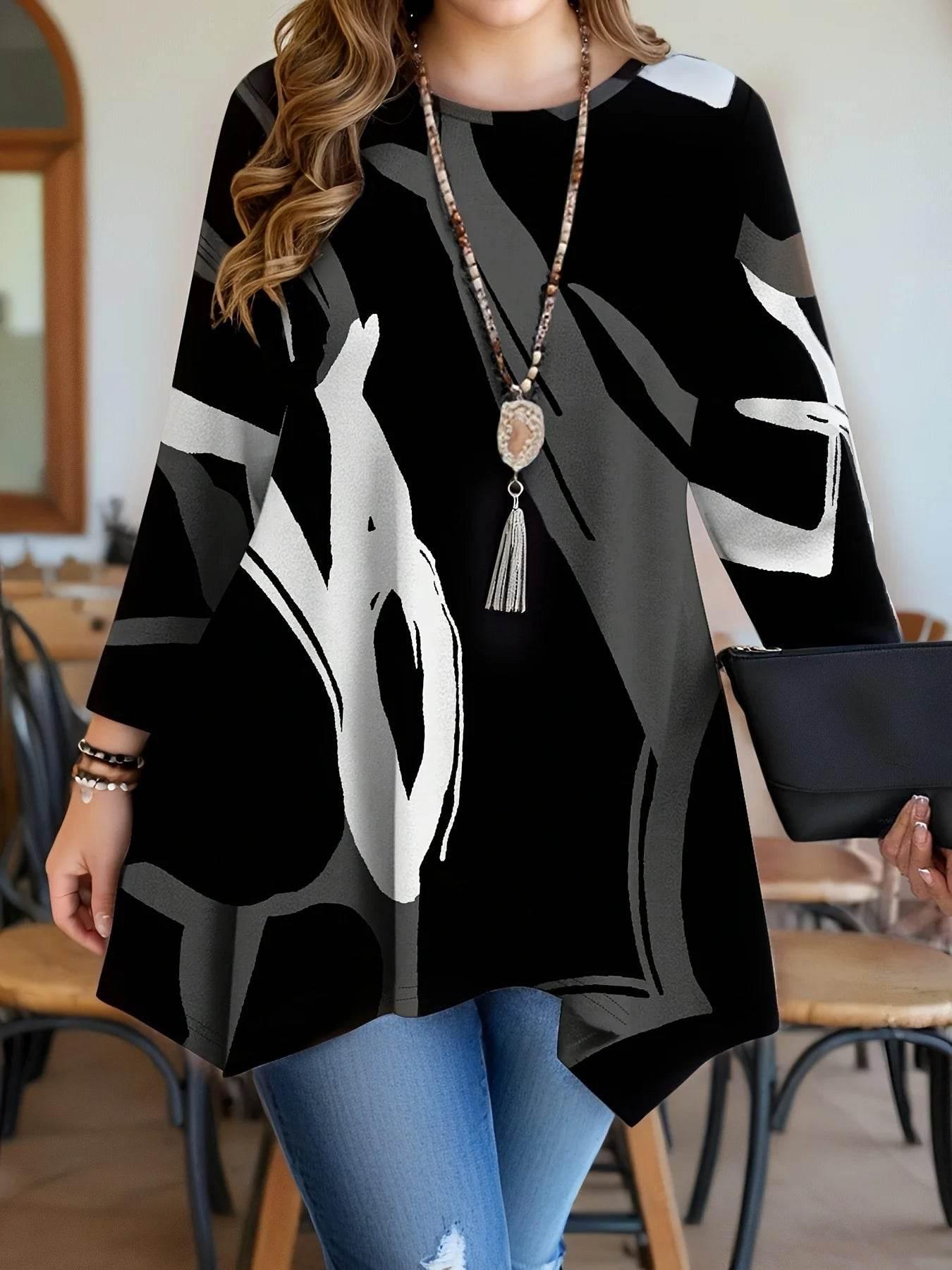 Plus Size Long Sleeve Abstract Print Tunic Top for Women with Asymmetrical Hemline - Empire P.E