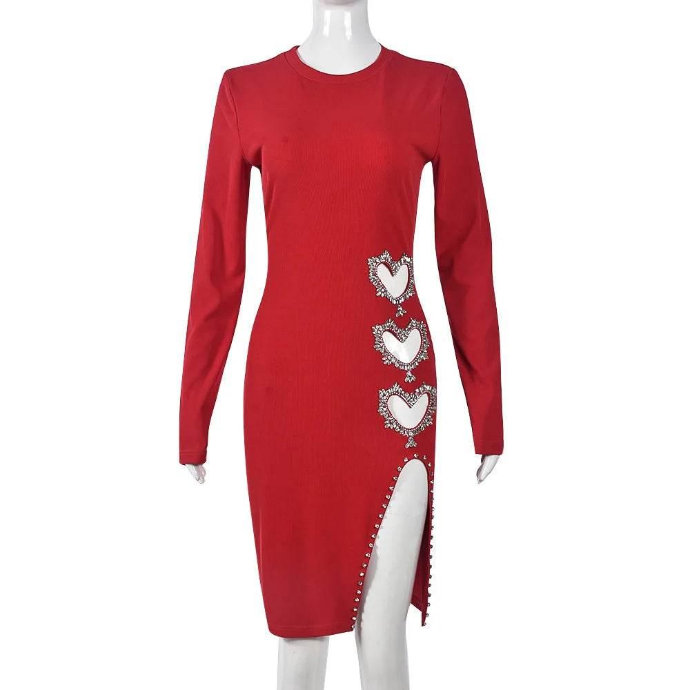 Spring Summer New Women's Solid Color Hollowed Heart Shape Rhinestone round Neck Long Sleeve Mini Skirt - Empire P.E