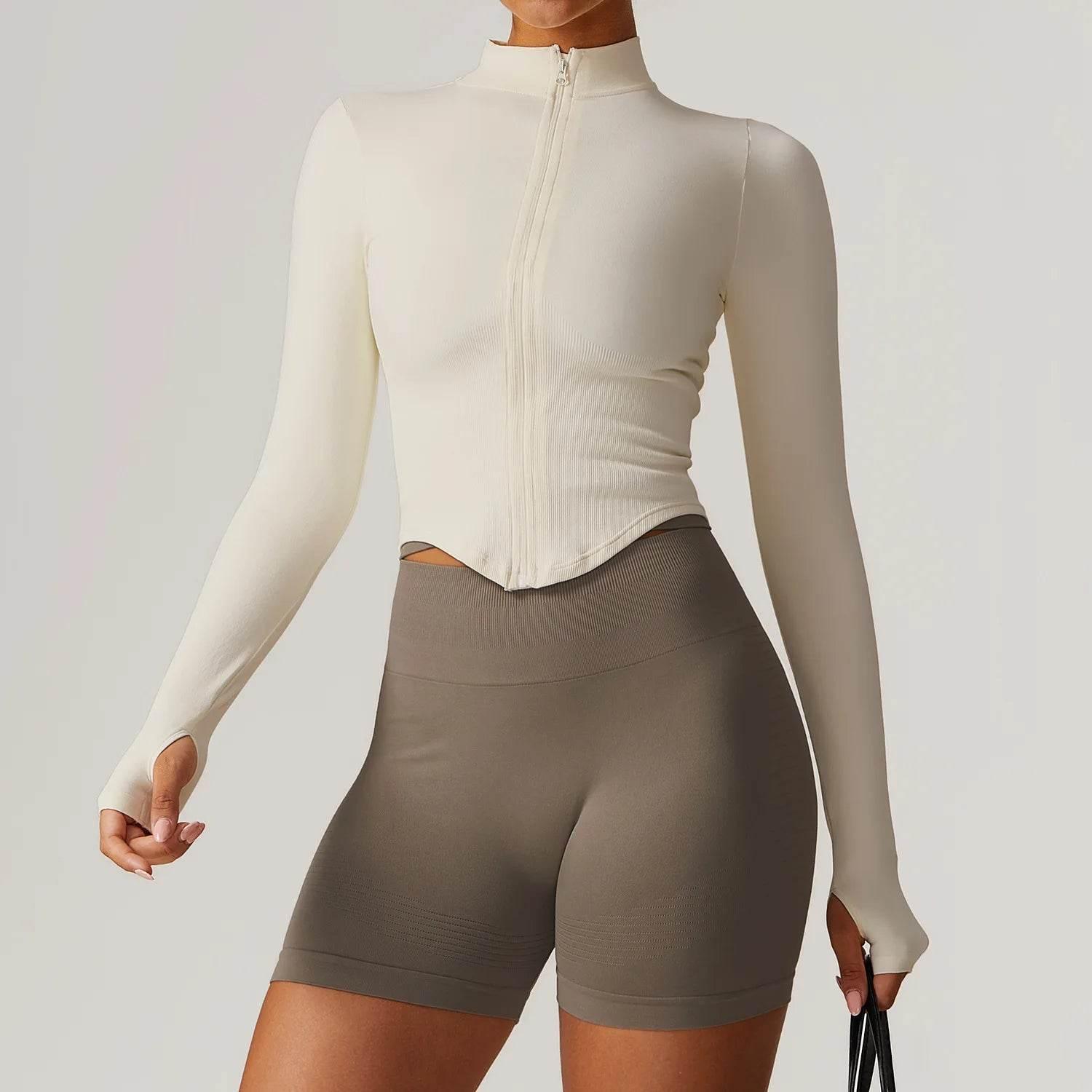 Women Seamless Zipper Jacket Yoga Long Sleeved Gym Top Ribbed Yoga Stand Collar Jacket Running Workout Sport Coat Women's Shirts - Empire P.E