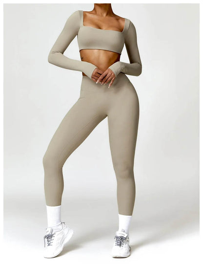 Hearuisavy 2PCS Long Sleeve Gym Set Women Yoga Clothes Quick-Drying Sportswear Running Leggings Workout Sports Crop Top Women - Empire P.E