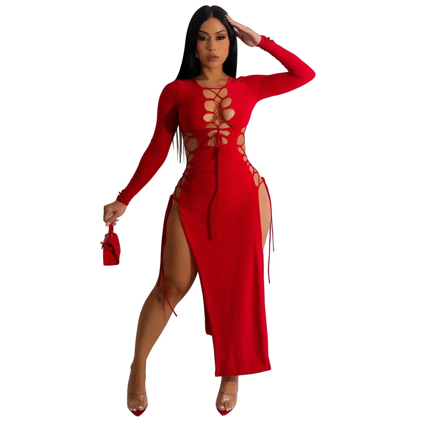 HLJ Sexy Solid Hollow Out Bandage Slit Bodycon Mid Dresses