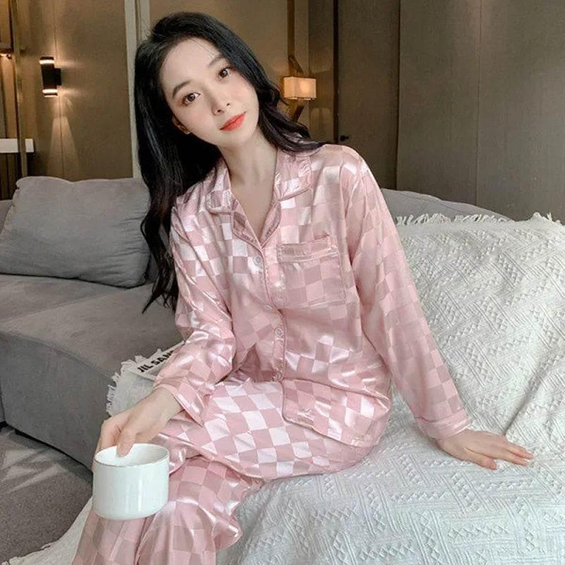 Plus Size Women Pajamas Set Long Sleeves Girl Home Wear Two-Piece Cardigan Solid Plaid Sleepwear Sexy Nightwear Autumn Winter - Empire P.E