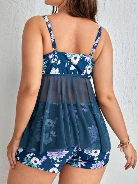 Floral Contrast Mesh Shorts Bikini Two Piece Swimsuit Dress XL-4XL - Empire P.E