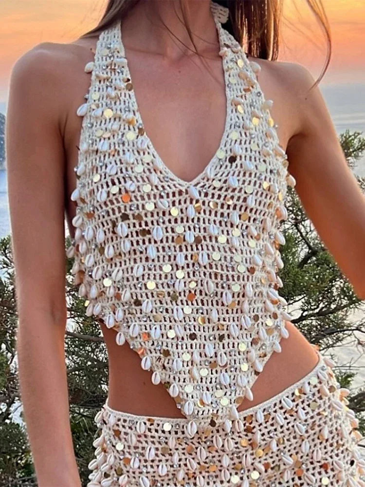 Vest Skirt Set Women Knitted Halter V-neck - Empire P.E