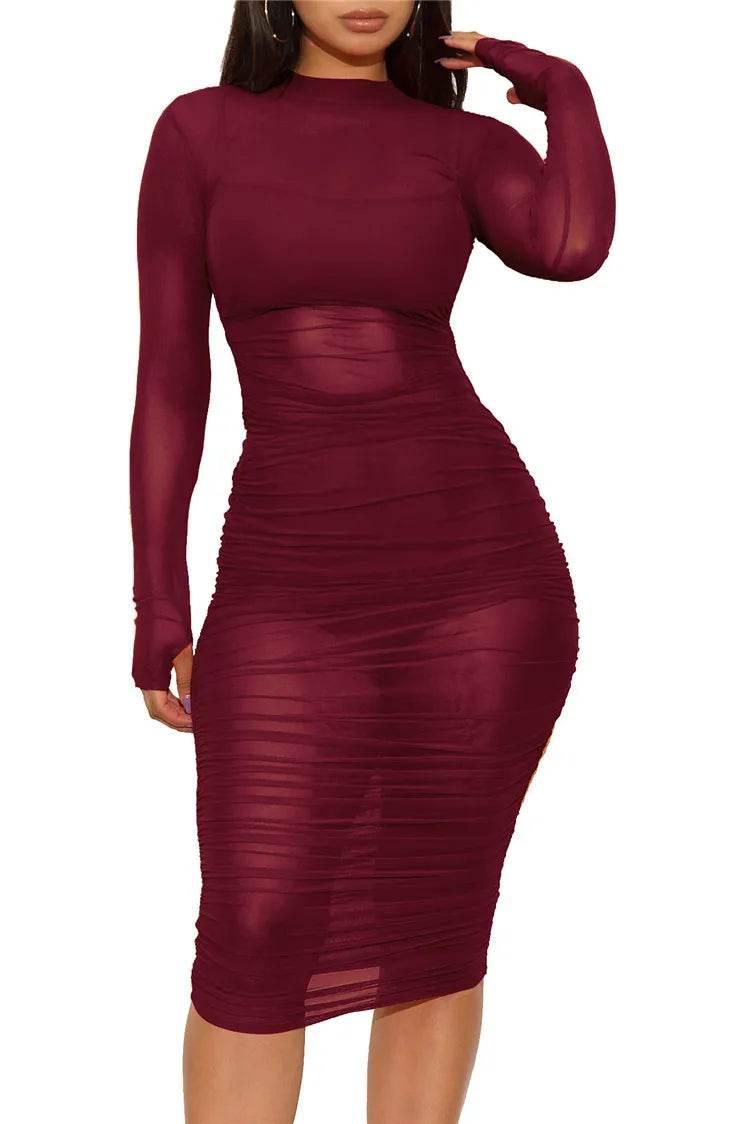 Women Mesh See Through 3 Piece Set Bodycon Ruched Cover Up Midi Dress+Camis+Shorts 3 Pieces Suits Sexy Night Club Party Outfits - Empire P.E