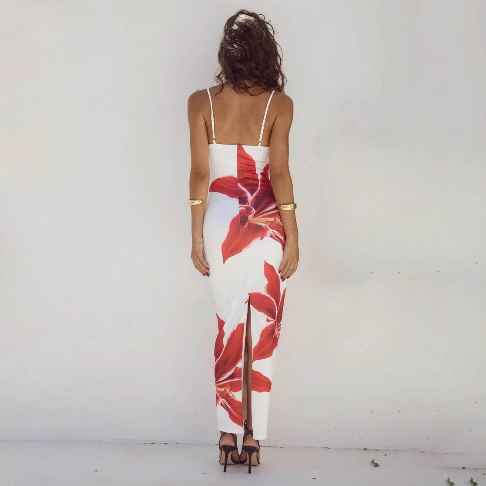 Women Cocktail Bodycon Dress Split Bodycon Party Floral Print Spaghetti Strap Dresses Sexy Female Summer Outfits Streetwear - Empire P.E