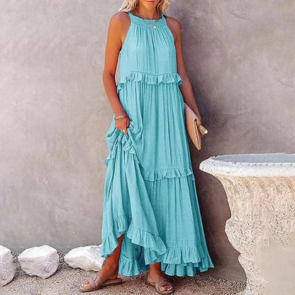 Women Casual Solid Ruffles Long Dress - Empire P.E