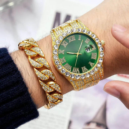 Watch Bracelet Set Hip Hop Stainless Steel Gold Color Calendar Watch for Men Iced Out Paved Rhinestones Men Watch Reloj Hombre - Empire P.E