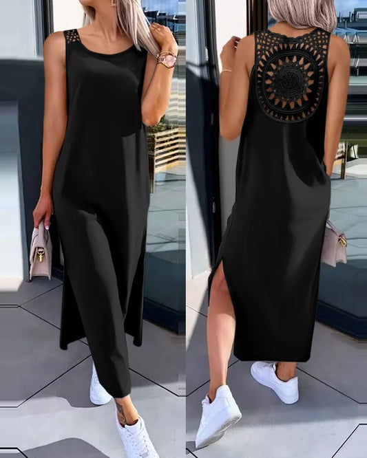 Hollow Out Solid Long Dress Women Fashion Sleeveless