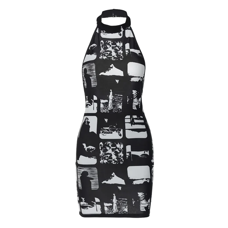 Hugcitar Vintage Print Halter Sleeveless Backless Sexy Slim Bodycon Mini Dress 2023 Summer Y2K Outfit Streetwear Nightclub Biker - Empire P.E