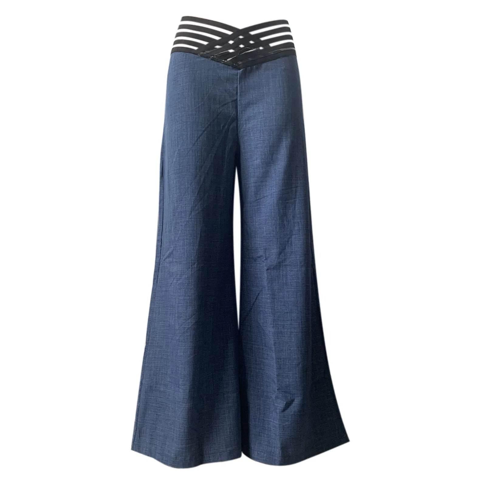 Women Flared Pants Elegant Office Lady Casual High Waist Trousers Spring Summer Solid Crisscross Sheer Mesh Patch Wide Leg Pant - Empire P.E