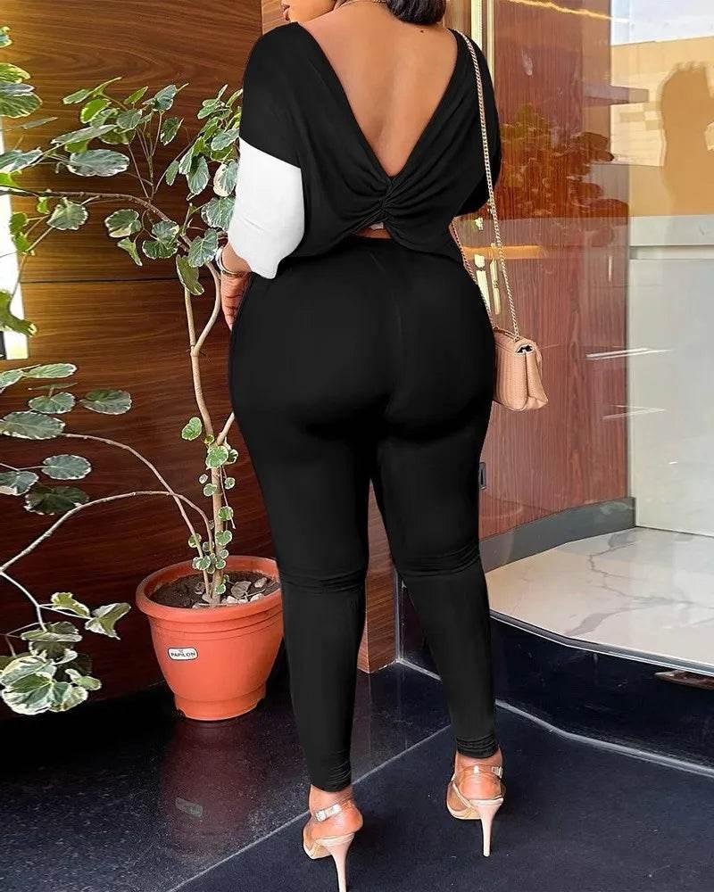 Autumn Women's New Fashion Printed Suit Round Neck Sexy Backless Quarter-sleeved Trousers Casual And Comfortable Two-piece Set - Empire P.E