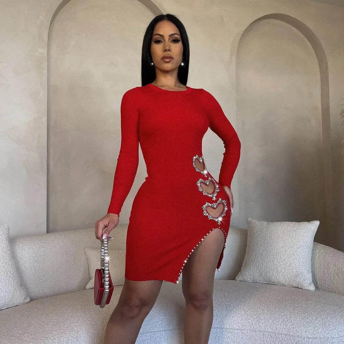 Spring Summer New Women's Solid Color Hollowed Heart Shape Rhinestone round Neck Long Sleeve Mini Skirt - Empire P.E