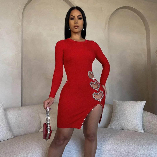 Spring Summer New Women's Solid Color Hollowed Heart Shape Rhinestone round Neck Long Sleeve Mini Skirt - Empire P.E