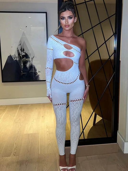 Sibybo Sexy Single Rotator Cuff Hollow Out High Elastic Jumpsuit Luminous Rhinestones Solid Color Trousers Spicy Girl Streetwear - Empire P.E