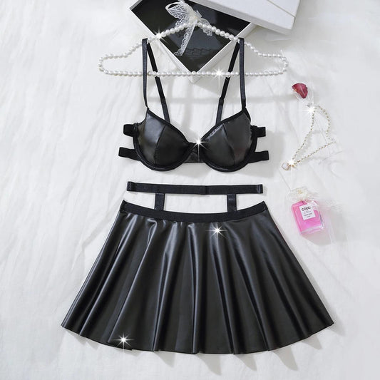 Women Sexy Bras And Skirts Set Leather - Empire P.E