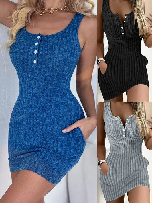 Button Front With Pocket Tank Dress - Empire P.E