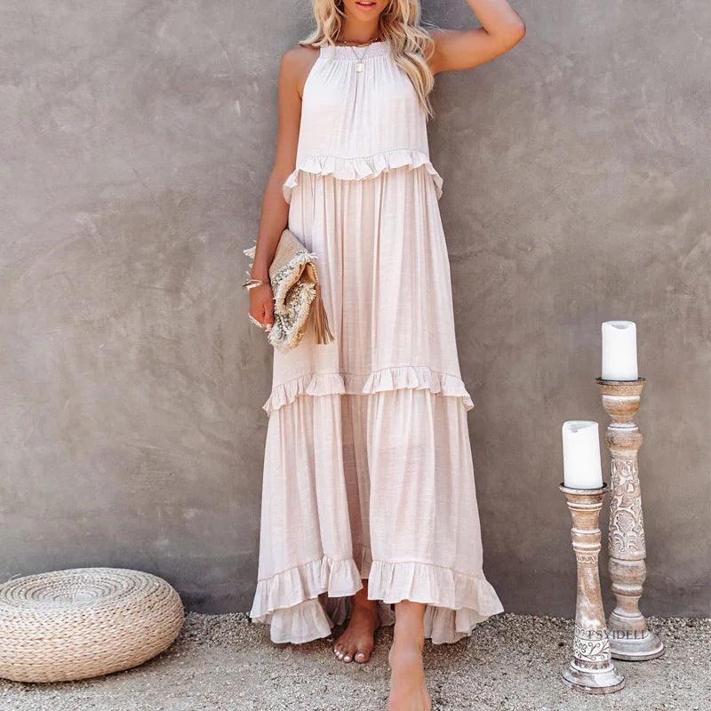 Women Casual Solid Ruffles Long Dress - Empire P.E