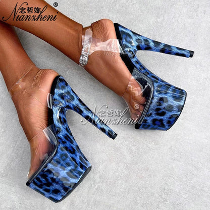 leopard blue Peep Toe 17CM Stiletto Sandals Exotic 7 Inches High Heels - Empire P.E