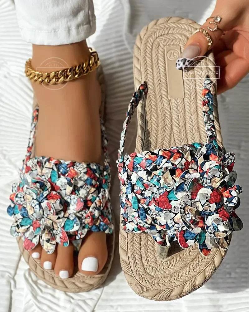 Slippers Women Ombre Floral Pattern Braided Casual Shoes Vacation Flat Holographic Braided Floral Pattern Toe Beach Flip Flops - Empire P.E