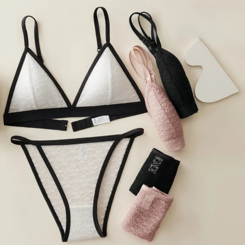 Women Lace Bra And Panties Set Non-wire Bralette Low Waist Panties Transparent Panty Sexy Lingerie 1/3 Cup Underwear Set - Empire P.E
