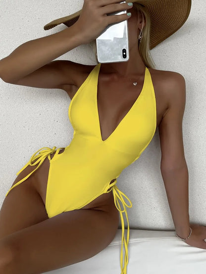 2025 Summer Solid Sexy Plunging 1 Pcs Swimsuit