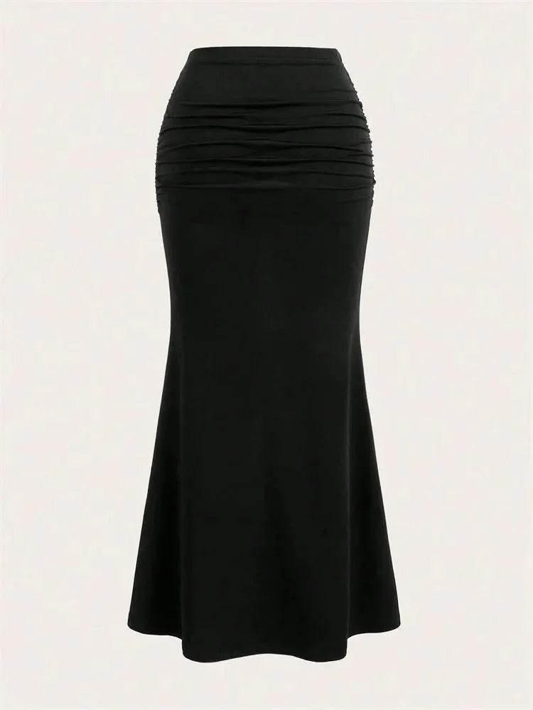 Solid Bodycon Ruched Long Skirt Women Sexy Black Elastic Elegant High Waist Mermaid Maxi Skirts Summer Streetwear 2024 - Empire P.E