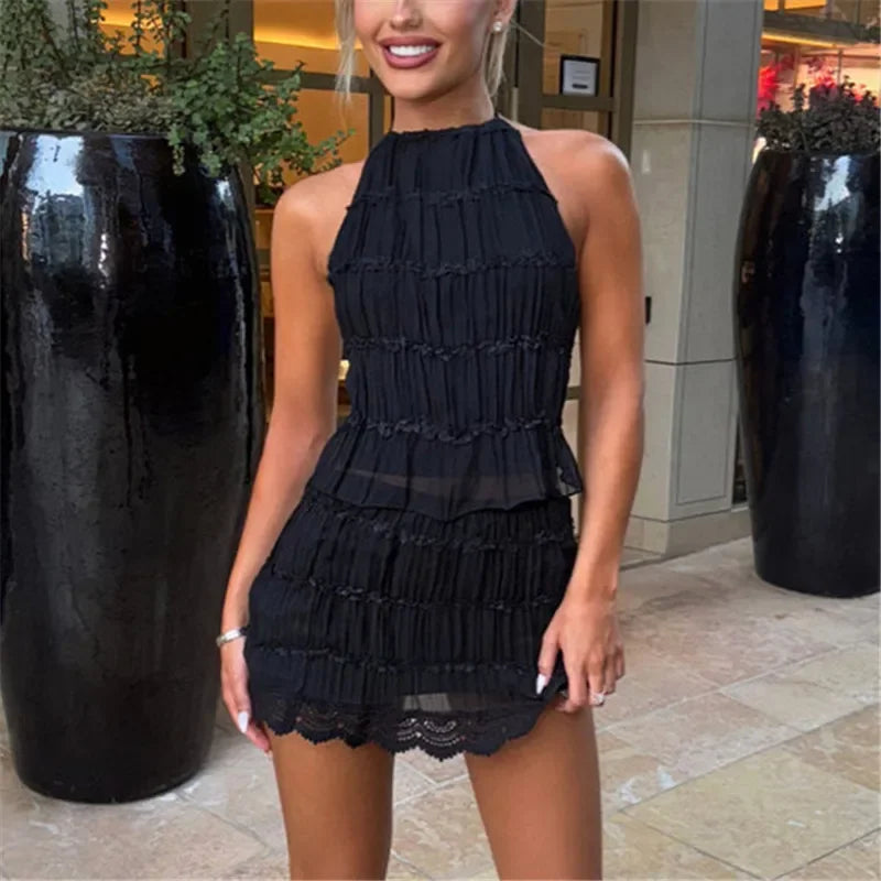 Two Piece Skirt Set for Women Y2k Lace Sheer Mesh - Empire P.E