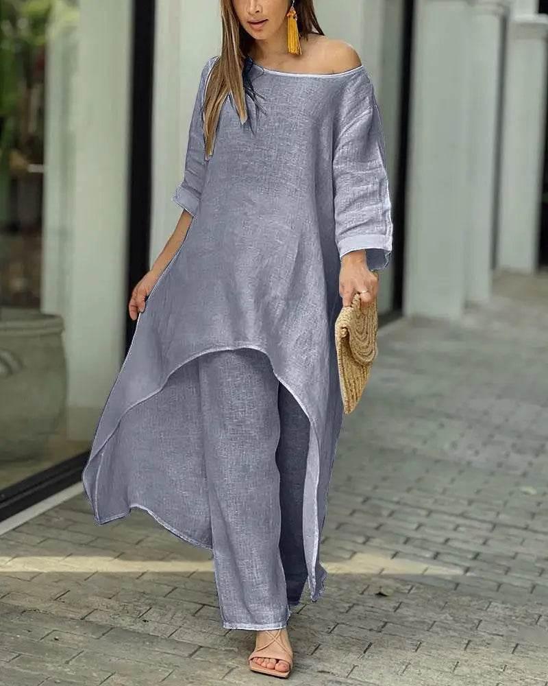 Women's Cotton Linen Long Pants Sets Fashion Solid Casual Irregular Tops Wide Leg Pant Suits Office Lady Two Piece Sets Clothes - Empire P.E