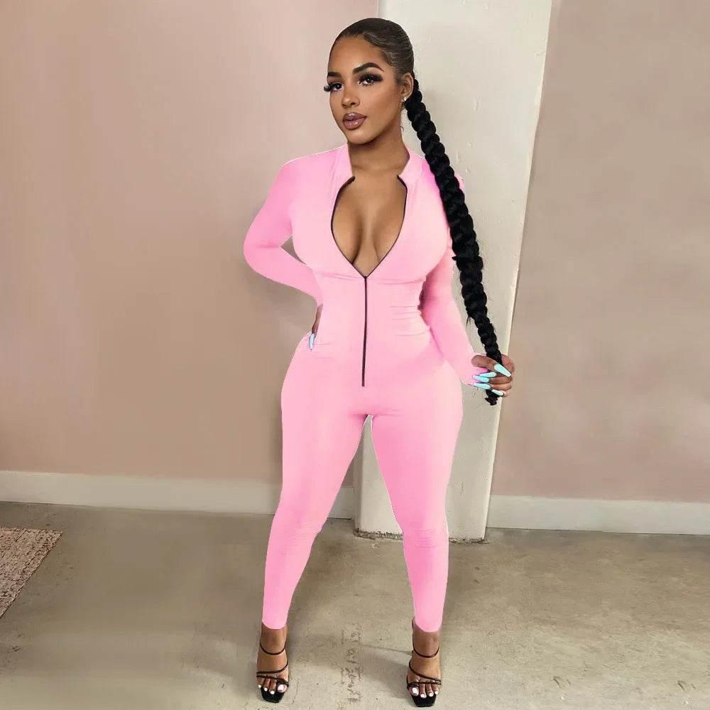 Sexy Solid Color Long Sleeve Deep V Bodycon Rompers Womens Jumpsuit Sport Suit Fashion Zip Up Long Pants Overalls Fitness Set - Empire P.E