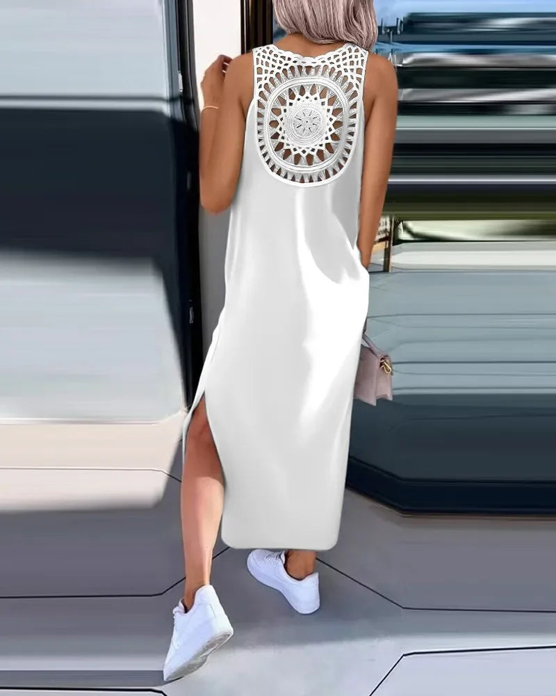 Hollow Out Solid Long Dress Women Fashion Sleeveless - Empire P.E