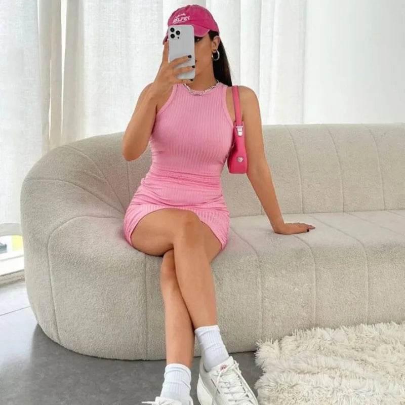 Sexy Stripes Thread Knitting Slim Bodycon Dress Women Sleeveless Solid Color Skinny Mini Dress Elegant Club Party Vestidos - Empire P.E