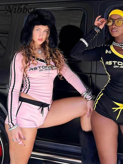 Nibber Women Tracksuit 2 Piece Set Stroke Tight Hipster Letter Print Sporty Casual Crop Tops+Shorts Vitality Matching Outfits - Empire P.E