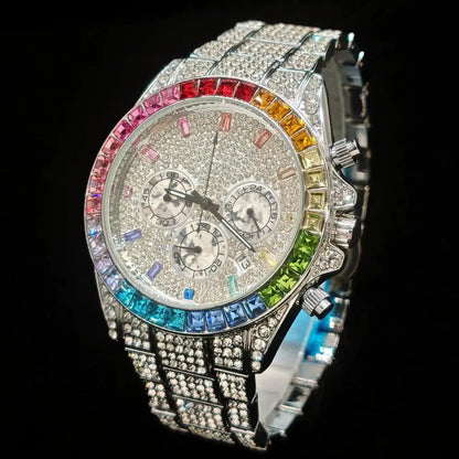 Men's Hip Hop Rainbow Diamond Shiny Jewelry Fashion Gold Watch
