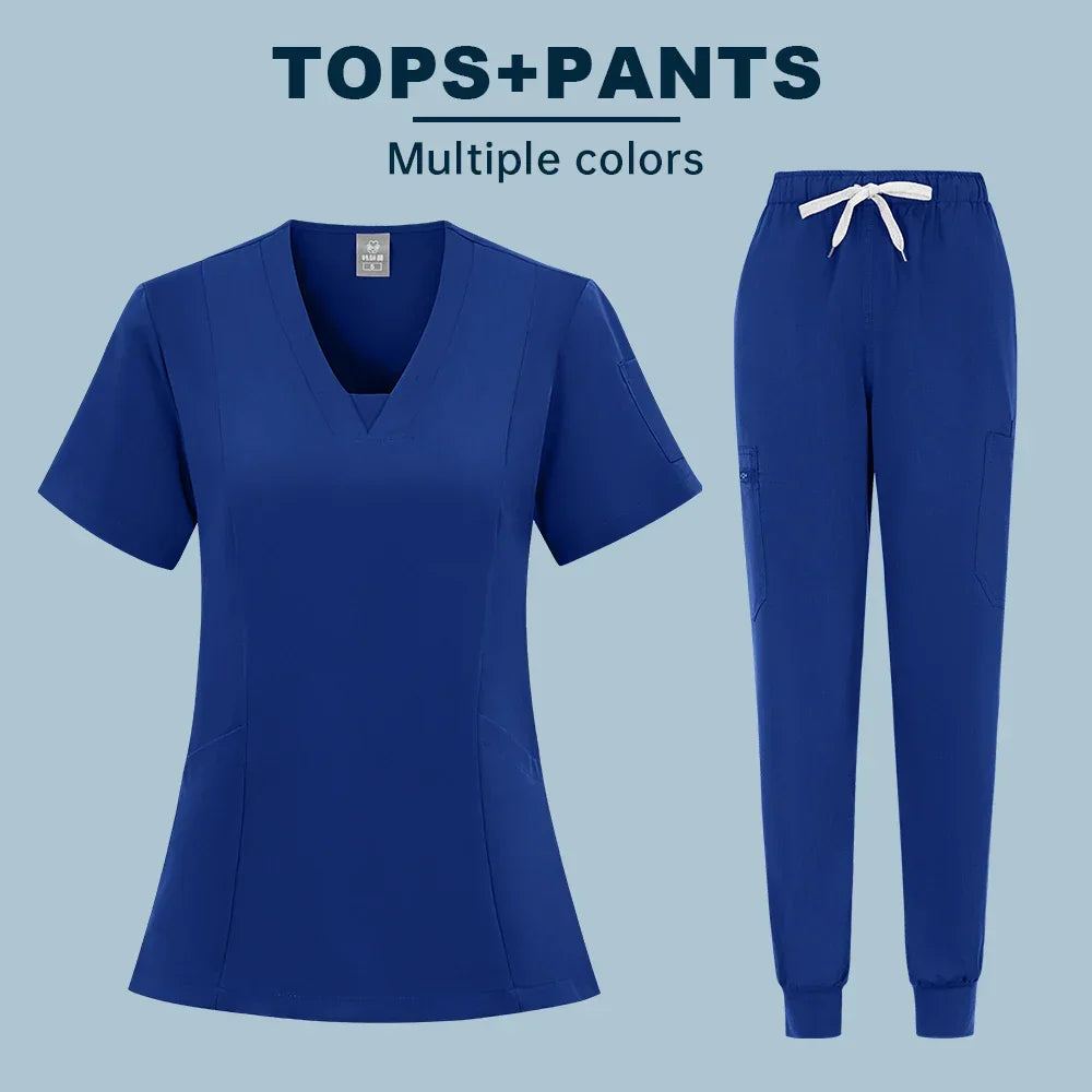 Two-piece Scrubs set Short Sleeve V Neck Pockets Drawstring Jogger Pants - Empire P.E