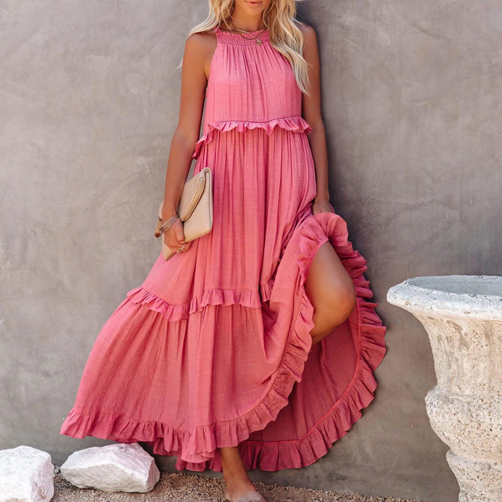Women Casual Solid Ruffles Long Dress - Empire P.E
