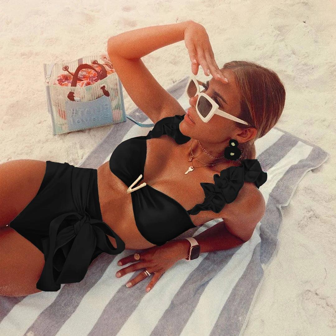Two-Pieces Women Floral 2025 Push-Up Padded Bra Ruffles Bandage Bikini Set