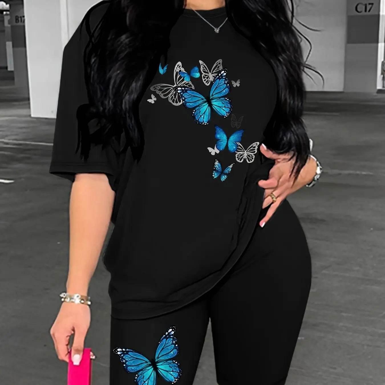 Conjuntos Para Mujeres 2 Piezas Women's Butterfly Printed Two-piece Set, Short Sleeved T-shirt, Round Neck, Shorts, Summer - Empire P.E