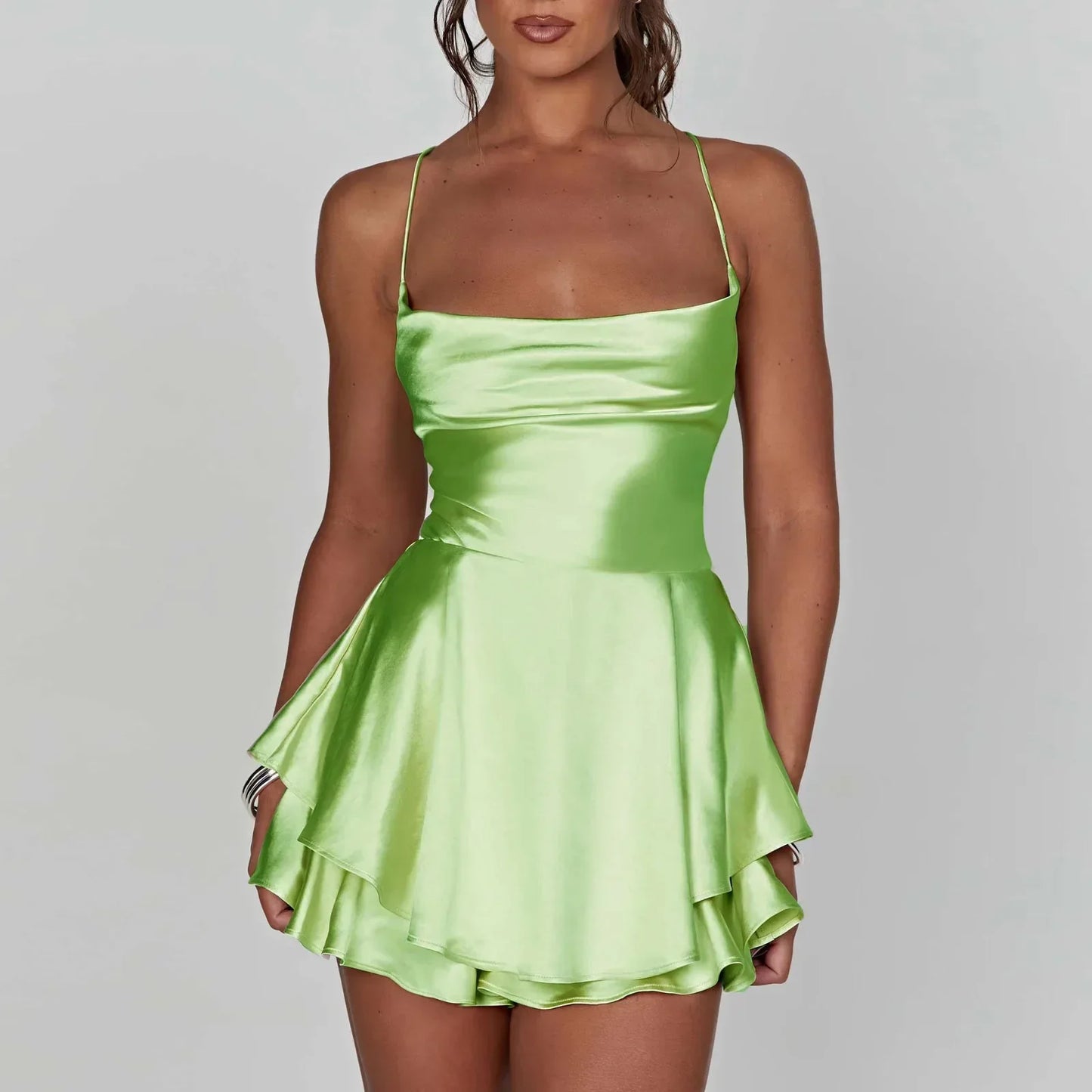 Satin Silk Women Sexy Cami Playsuits Dress Solid Cowl Neck Sleeveless Short Jumpsuits Summer Cross Tie-Up Backless Romper - Empire P.E