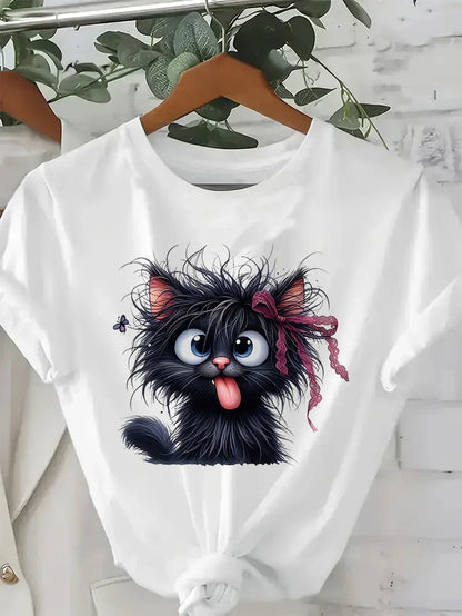 Women's Funny Fried Cat Cartoon T-Shirt