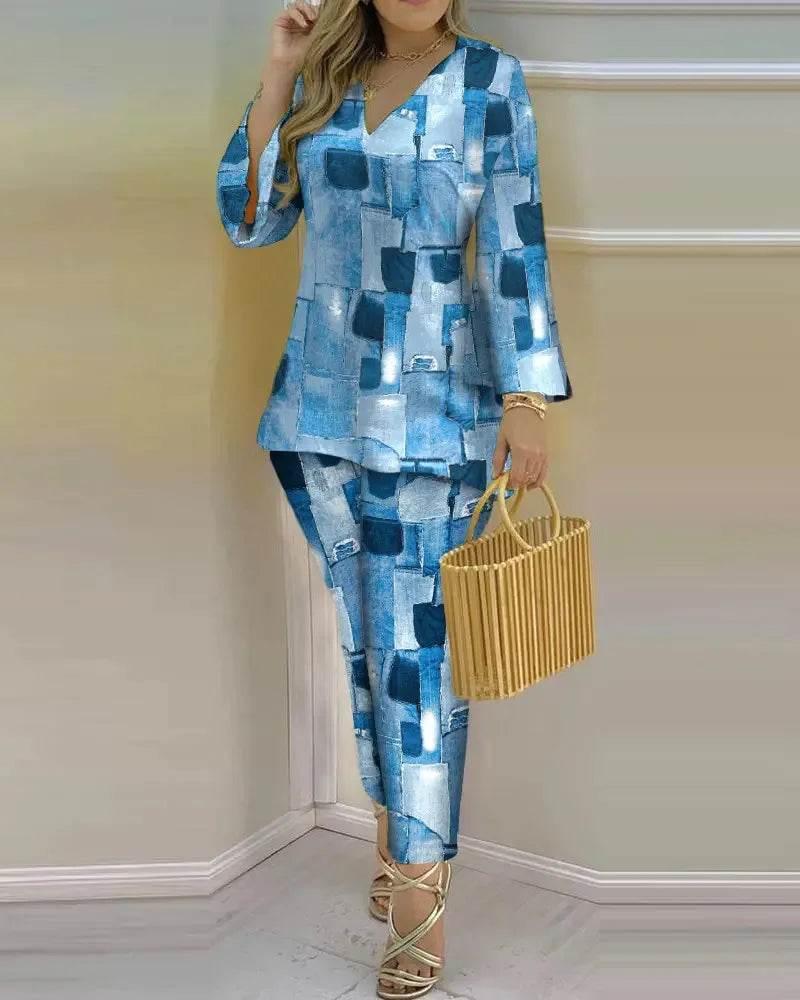 Women Print V Neck Tops Pant Sets Full Sleeve Pullover Two Piece Suit Elastic Waist Trousers Splice Shirts Autumn Regular Fit - Empire P.E