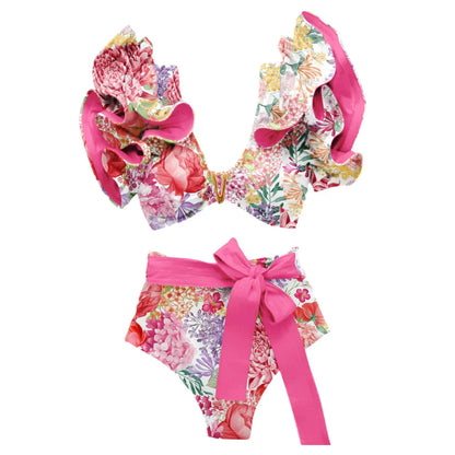 Two-Pieces Women Floral 2025 Push-Up Padded Bra Ruffles Bandage Bikini Set