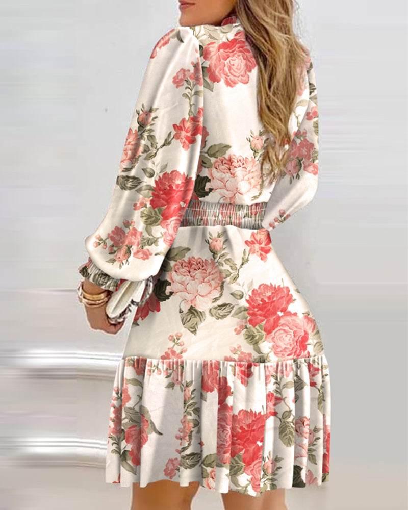 Autumn Women Floral Print Shirred Ruffle Dress 2022 Femme Casual Lantern Sleeve Robe Office Lady Dress Outfits Traf Vestid - Empire P.E