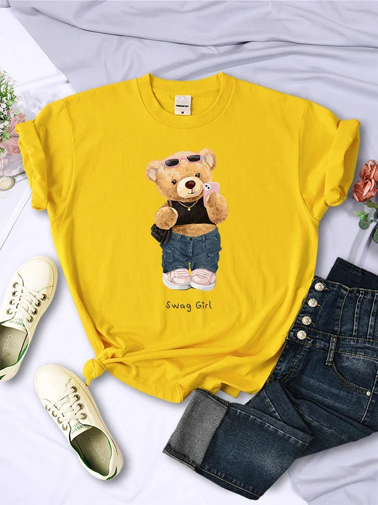 Street Teddy Bear Selfie Swag Girl Funny Printed T-Shirts - Empire P.E