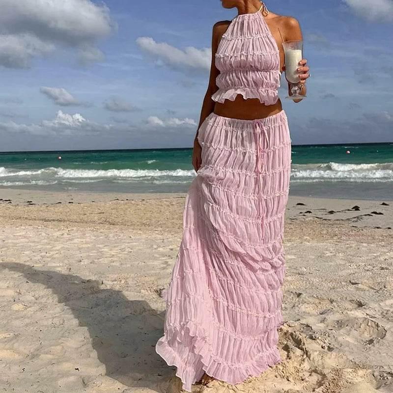 Women Boho Sexy Backless Matching Suit 2 Piece Beach Holiday Outfits Vintage Ruched Halter Cami Tops + Maxi Long Skirt Party - Empire P.E