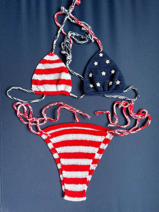 USA American Flag Bikini Bathingsuit The Stars And The Stripes Handmade Crochet Beachwear Women String Bikini Set Two-Pieces - Empire P.E