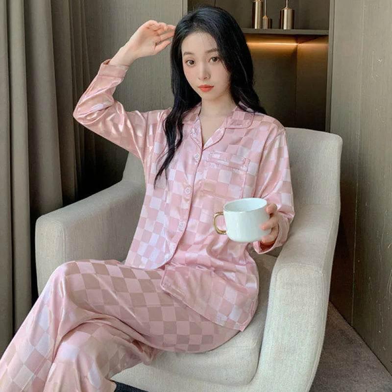 Plus Size Women Pajamas Set Long Sleeves Girl Home Wear Two-Piece Cardigan Solid Plaid Sleepwear Sexy Nightwear Autumn Winter - Empire P.E