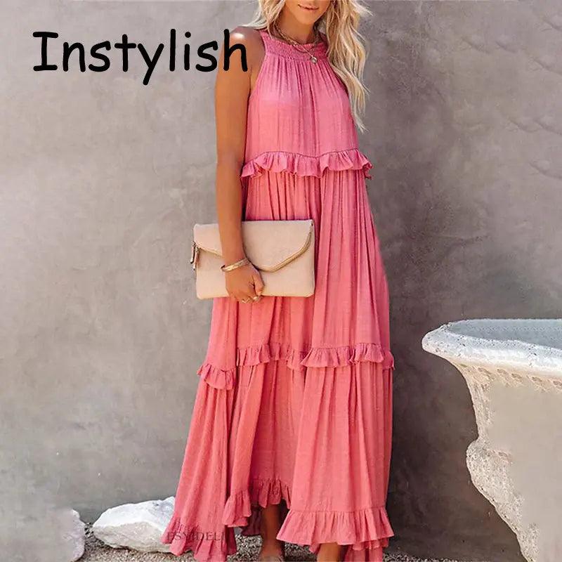 Women Casual Solid Ruffles Long Dress - Empire P.E