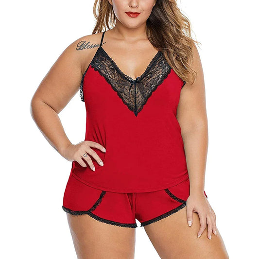 Plus Size Lace Camisole Tops+Short Pants - Empire P.E