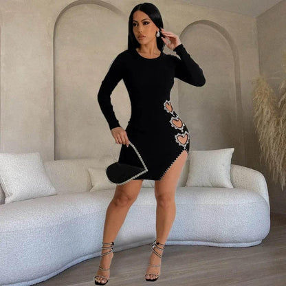 Spring Summer New Women's Solid Color Hollowed Heart Shape Rhinestone round Neck Long Sleeve Mini Skirt - Empire P.E